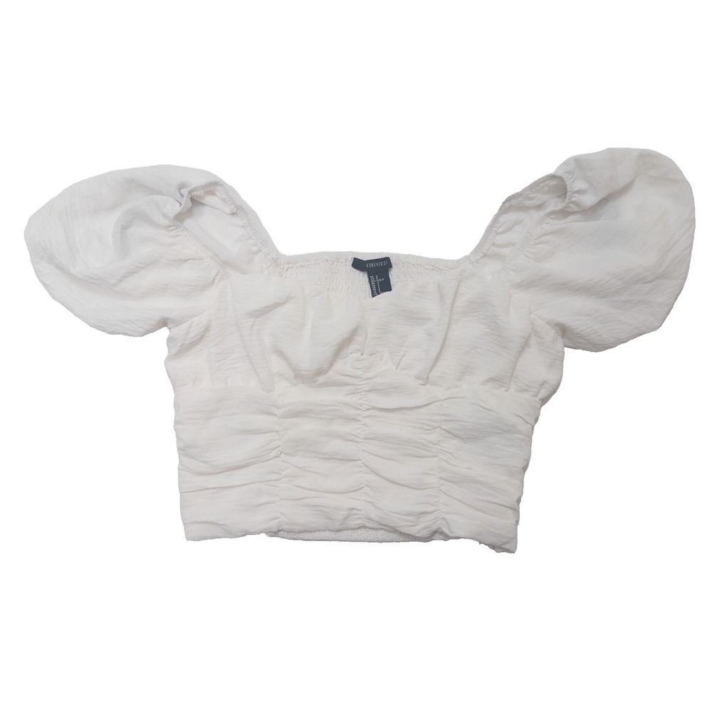 Forever 21 Women's Puff Sleeve Crop Top Blouse Small White Ruched